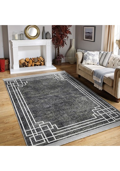 Füme Zeminde Çerçeveli Motifli Duvar Desenli Geometrik Eskitme Motifli Salon & Oturma Odası Dış Mekan & Outdoor Dijital Baskılı Makinede Yıkanabilir Kaymaz Taban Saçaklı Halı indirimleri