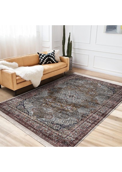 Kahverengi Zeminde Kilim Motifli Uşak Desenli Etnik Motifler Avangarde Dijital Baskılı Makinede Yıkanabilir Kaymaz Taban Saçaklı Halı fiyatları