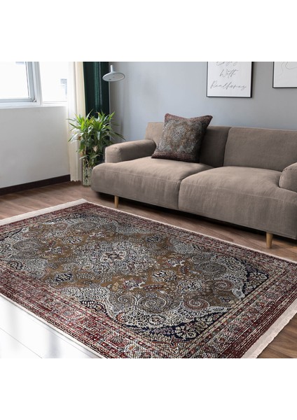Kahverengi Zeminde Kilim Motifli Uşak Desenli Etnik Motifler Avangarde Dijital Baskılı Makinede Yıkanabilir Kaymaz Taban Saçaklı Halı modelleri