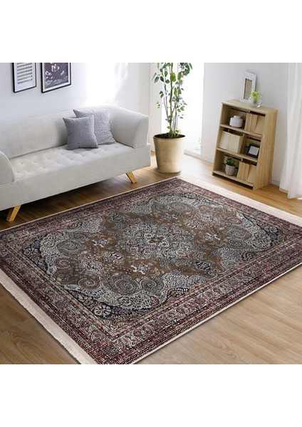Kahverengi Zeminde Kilim Motifli Uşak Desenli Etnik Motifler Avangarde Dijital Baskılı Makinede Yıkanabilir Kaymaz Taban Saçaklı Halı indirimleri