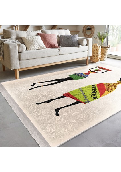Beyaz Zeminde Geleneksel Motifli Afrika Kadın Desenli Etnik Motifler Klasik Dış Mekan & Outdoor Balkon Dijital Baskılı Makinede Yıkanabilir Kaymaz Taban Saçaklı Halı fiyatları