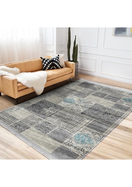 Gri - Bej Zeminde Patchwork Motifli Kazayağı Desenli Eskitme Motifli Vintage Yatak Odası Salon & Oturma Odası Dijital Baskılı Makinede Yıkanabilir Kaymaz Taban Saçaklı Halı