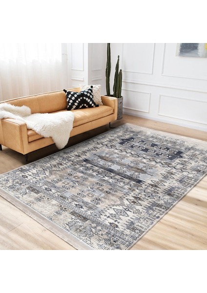 Krem Zeminde Dokuma Halı Motifli Kilim Desenli Eskitme Motifli Vintage Dijital Baskılı Makinede Yıkanabilir Kaymaz Taban Saçaklı Halı