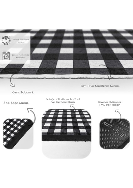 Siyah - Beyaz Zeminde Ekose Motifli Kareli Desenli Geometrik Dijital Baskılı Makinede Yıkanabilir Kaymaz Taban Saçaklı Halı
