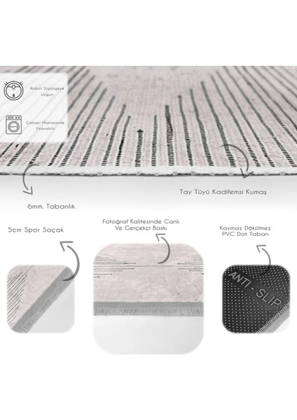 Krem Zeminde Geometrik Motifli Tribal Desenli Geometrik Klasik Baskılı Makinede Yıkanabilir Kaymaz Taban Saçaklı Halı