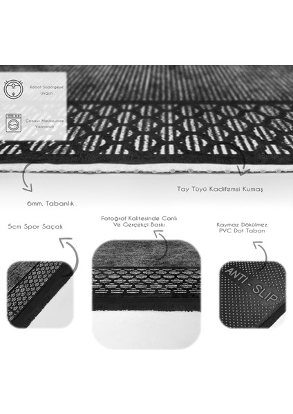 Siyah Zeminde Çerçeveli Motifli Klasik Desenli Geometrik Klasik Baskılı Makinede Yıkanabilir Kaymaz Taban Saçaklı Halı