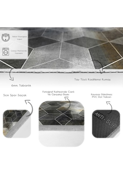 Siyah - Bej Zeminde Geometrik Motifli Klasik Desenli Geometrik Dijital Baskılı Makinede Yıkanabilir Kaymaz Taban Saçaklı Halı