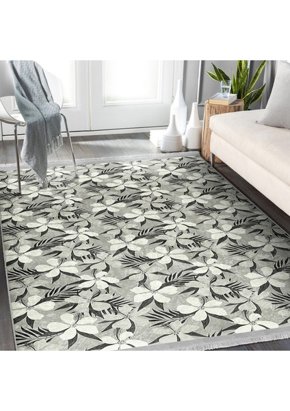 Gri Zeminde Floral Motifli Çiçek Desenli Floral Modern Dijital Baskılı Makinede Yıkanabilir Kaymaz Taban Saçaklı Halı