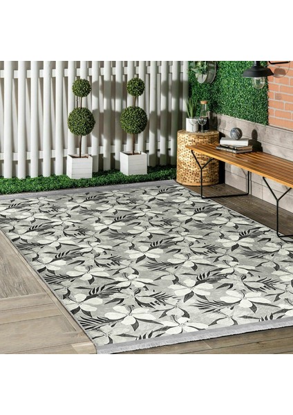 Gri Zeminde Floral Motifli Çiçek Desenli Floral Modern Dijital Baskılı Makinede Yıkanabilir Kaymaz Taban Saçaklı Halı fiyatları