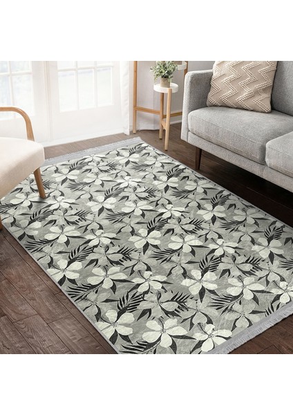 Gri Zeminde Floral Motifli Çiçek Desenli Floral Modern Dijital Baskılı Makinede Yıkanabilir Kaymaz Taban Saçaklı Halı modelleri