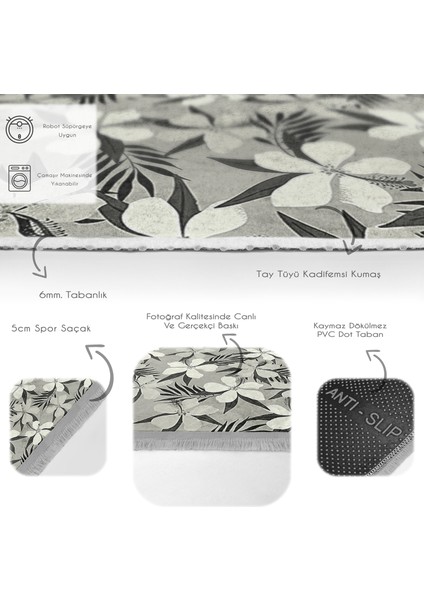 Gri Zeminde Floral Motifli Çiçek Desenli Floral Modern Dijital Baskılı Makinede Yıkanabilir Kaymaz Taban Saçaklı Halı fırsatları