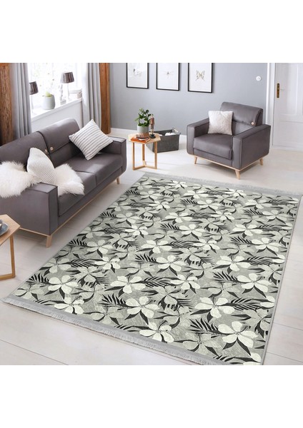 Gri Zeminde Floral Motifli Çiçek Desenli Floral Modern Dijital Baskılı Makinede Yıkanabilir Kaymaz Taban Saçaklı Halı indirimleri