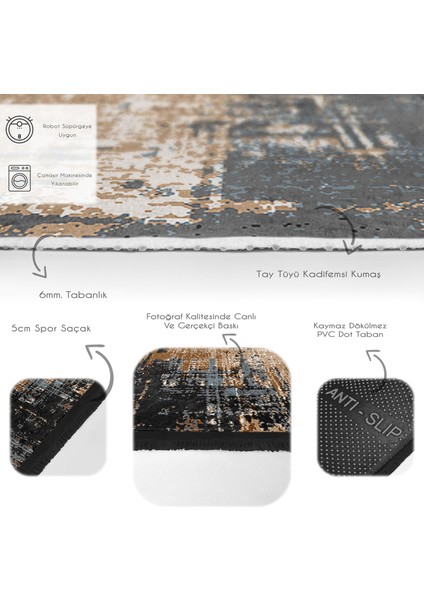 Siyah - Kahverengi Zeminde Eskitme Motifli Duvar Desenli Eskitme Motifli Vintage Dijital Baskılı Makinede Yıkanabilir Kaymaz Taban Saçaklı Halı