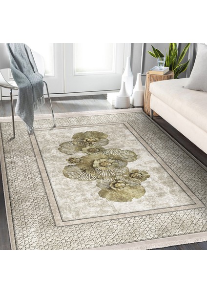 Krem - Gold Zeminde Altık Çiçek Motifli Çerçeve Desenli Vintage Dijital Baskılı Makinede Yıkanabilir Kaymaz Taban Saçaklı Halı
