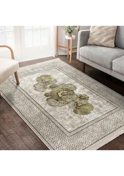 Krem - Gold Zeminde Altık Çiçek Motifli Çerçeve Desenli Vintage Dijital Baskılı Makinede Yıkanabilir Kaymaz Taban Saçaklı Halı fiyatları