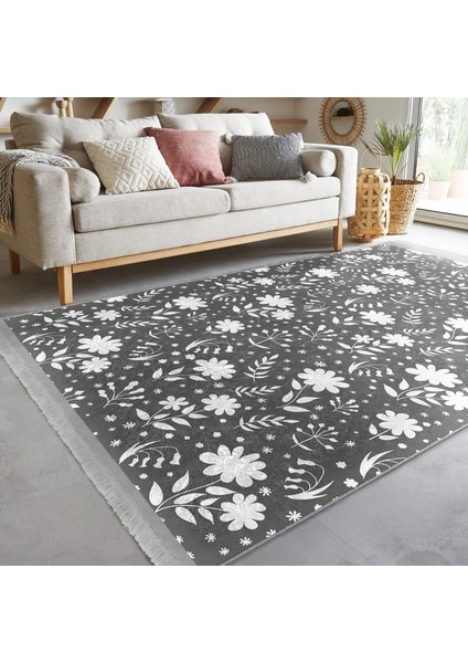Gri - Beyaz Zeminde Yaprak Motifli Floral Desenli Floral Dijital Baskılı Makinede Yıkanabilir Kaymaz Taban Saçaklı Halı modelleri