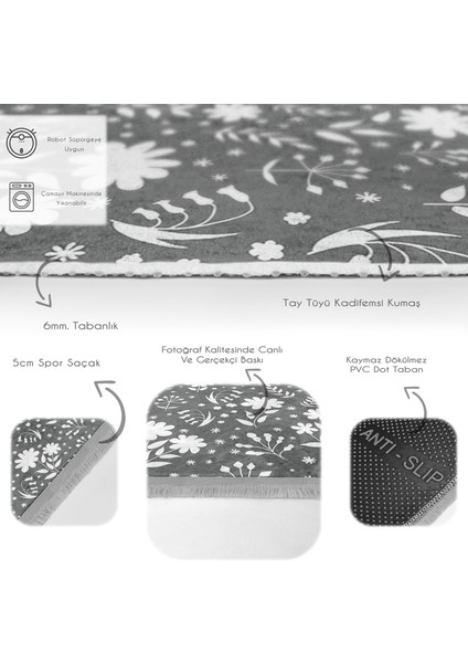 Gri - Beyaz Zeminde Yaprak Motifli Floral Desenli Floral Dijital Baskılı Makinede Yıkanabilir Kaymaz Taban Saçaklı Halı fırsatları