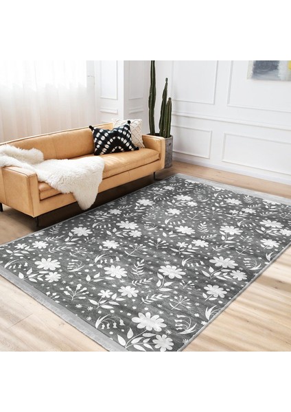 Gri - Beyaz Zeminde Yaprak Motifli Floral Desenli Floral Dijital Baskılı Makinede Yıkanabilir Kaymaz Taban Saçaklı Halı indirimleri