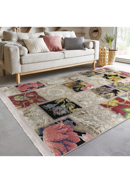 Krem Zeminde Patchwork Motifli Örme Desenli Klasik Vintage Dijital Baskılı Makinede Yıkanabilir Kaymaz Taban Saçaklı Halı