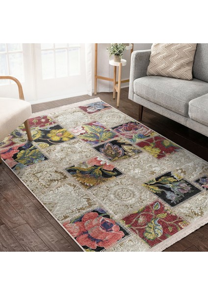Krem Zeminde Patchwork Motifli Örme Desenli Klasik Vintage Dijital Baskılı Makinede Yıkanabilir Kaymaz Taban Saçaklı Halı fiyatları