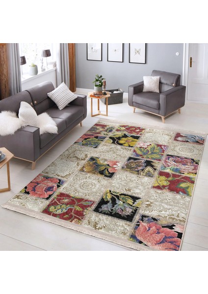 Krem Zeminde Patchwork Motifli Örme Desenli Klasik Vintage Dijital Baskılı Makinede Yıkanabilir Kaymaz Taban Saçaklı Halı modelleri