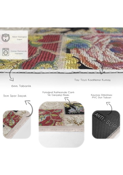 Krem Zeminde Patchwork Motifli Örme Desenli Klasik Vintage Dijital Baskılı Makinede Yıkanabilir Kaymaz Taban Saçaklı Halı fırsatları