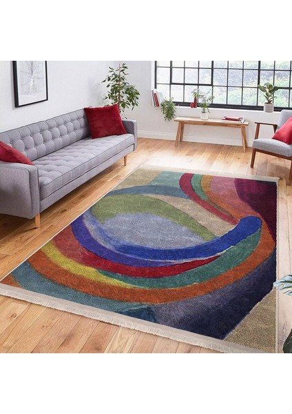 Bej Zeminde Sulu Boya Motifli Modern Sanat Desenli Modern Dijital Baskılı Makinede Yıkanabilir Kaymaz Taban Saçaklı Halı