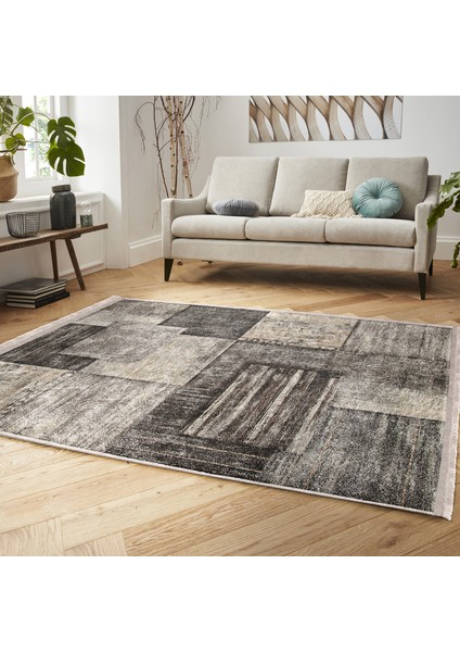 Krem - Kahverengi Zeminde Dokuma Halı Motifli Kilim Desenli Klasik Dijital Baskılı Makinede Yıkanabilir Kaymaz Taban Saçaklı Halı