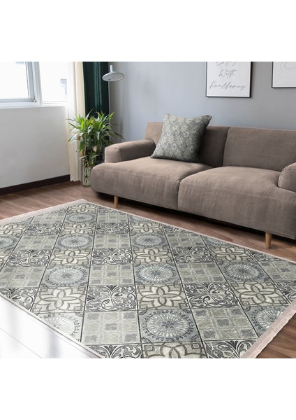 Gri Zeminde Art Deco Motifli Antika Desenli Geometrik Dijital Baskılı Makinede Yıkanabilir Kaymaz Taban Saçaklı Halı fiyatları