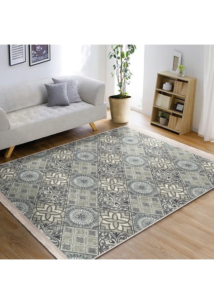 Gri Zeminde Art Deco Motifli Antika Desenli Geometrik Dijital Baskılı Makinede Yıkanabilir Kaymaz Taban Saçaklı Halı modelleri