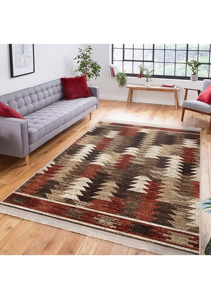 Kahverengi Zeminde Geometrik Motifli Etnik Desenli Etnik Motifler Eskitme Motifli Dijital Baskılı Makinede Yıkanabilir Kaymaz Taban Saçaklı Halı indirimleri