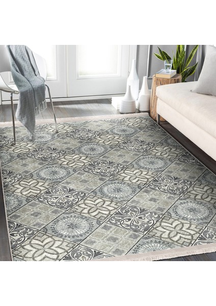 Gri Zeminde Art Deco Motifli Antika Desenli Geometrik Dijital Baskılı Makinede Yıkanabilir Kaymaz Taban Saçaklı Halı indirimleri