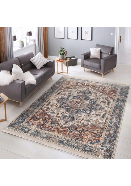 Renkli Zeminde Soyut Motifli Kilim Desenli Eskitme Motifli Avangarde Dijital Baskılı Makinede Yıkanabilir Kaymaz Taban Saçaklı Halı
