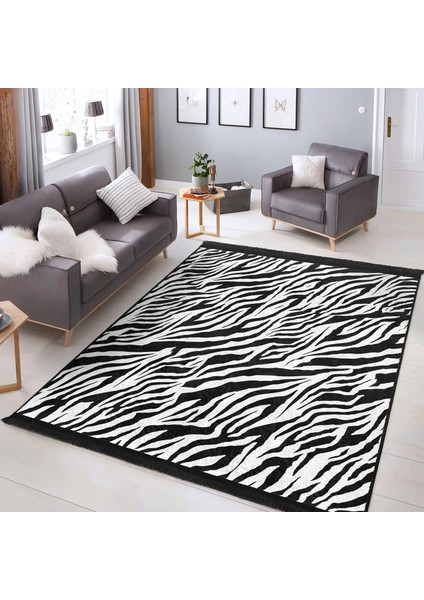 Siyah - Beyaz Zeminde Post Motifli Zebra Desenli Klasik Dış Mekan & Outdoor Yatak Odası Dijital Baskılı Makinede Yıkanabilir Kaymaz Taban Saçaklı Halı