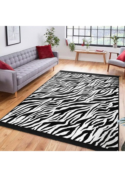 Siyah - Beyaz Zeminde Post Motifli Zebra Desenli Klasik Dış Mekan & Outdoor Yatak Odası Dijital Baskılı Makinede Yıkanabilir Kaymaz Taban Saçaklı Halı fiyatları