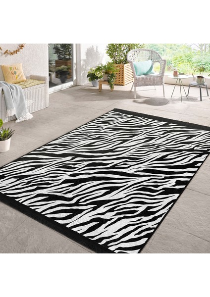 Siyah - Beyaz Zeminde Post Motifli Zebra Desenli Klasik Dış Mekan & Outdoor Yatak Odası Dijital Baskılı Makinede Yıkanabilir Kaymaz Taban Saçaklı Halı modelleri