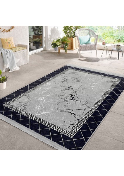 Siyah - Gri Zeminde Çerçeveli Motifli Mermer Desenli Geometrik Klasik Dijital Baskılı Makinede Yıkanabilir Kaymaz Taban Saçaklı Halı indirimleri