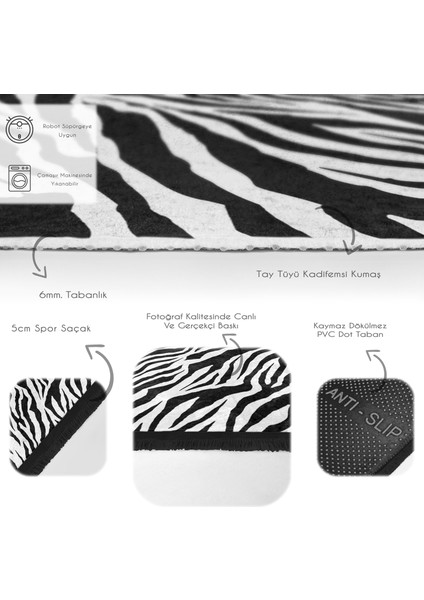 Siyah - Beyaz Zeminde Post Motifli Zebra Desenli Klasik Dış Mekan & Outdoor Yatak Odası Dijital Baskılı Makinede Yıkanabilir Kaymaz Taban Saçaklı Halı fırsatları