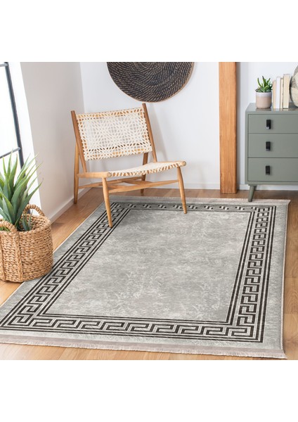 Kahverengi - Bej Zeminde Çerçeveli Motifli Kilim Desenli Avangarde Geometrik Dijital Baskılı Makinede Yıkanabilir Kaymaz Taban Saçaklı Halı fiyatları