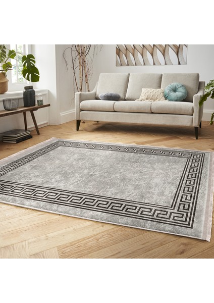 Kahverengi - Bej Zeminde Çerçeveli Motifli Kilim Desenli Avangarde Geometrik Dijital Baskılı Makinede Yıkanabilir Kaymaz Taban Saçaklı Halı modelleri
