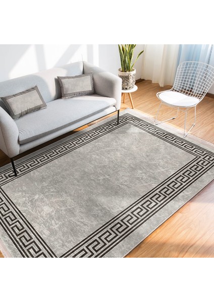 Kahverengi - Bej Zeminde Çerçeveli Motifli Kilim Desenli Avangarde Geometrik Dijital Baskılı Makinede Yıkanabilir Kaymaz Taban Saçaklı Halı indirimleri