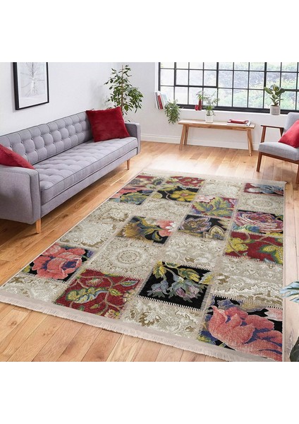 Krem Zeminde Patchwork Motifli Örme Desenli Klasik Vintage Dijital Baskılı Makinede Yıkanabilir Kaymaz Taban Saçaklı Halı indirimleri