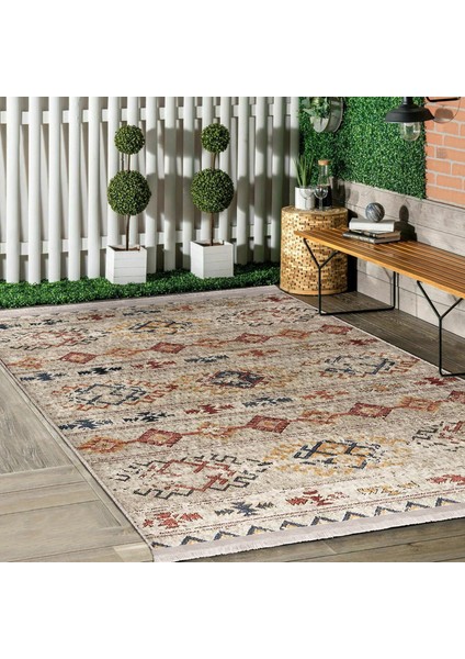 Krem Zeminde Kilim Motifli Baklava Desenli Etnik Motifler Vintage Dijital Baskılı Makinede Yıkanabilir Kaymaz Taban Saçaklı Halı indirimleri