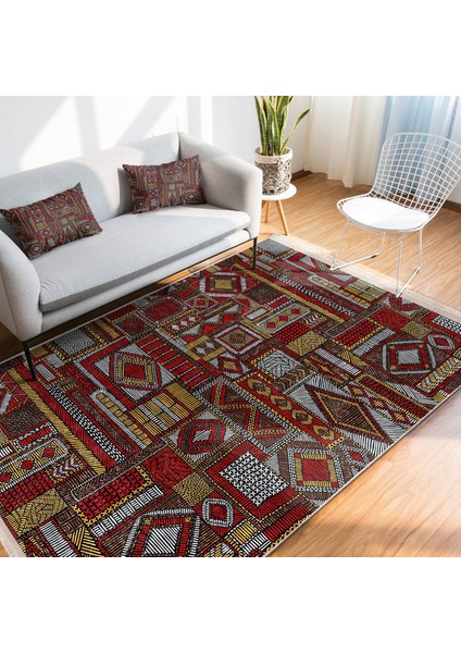 Kırmızı - Kahverengi Zeminde Patchwork Motifli Otantik Desenli Etnik Motifler Eskitme Motifli Dijital Baskılı Makinede Yıkanabilir Kaymaz Taban Saçaklı Halı fiyatları