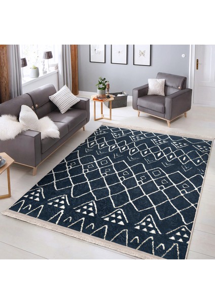 Mavi Zeminde Otantik Motifli Geleneksel Desenli Geometrik Etnik Motifler Salon & Oturma Odası Ofis Dijital Baskılı Makinede Yıkanabilir Kaymaz Taban Saçaklı Halı