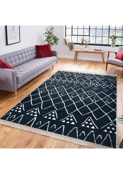 Mavi Zeminde Otantik Motifli Geleneksel Desenli Geometrik Etnik Motifler Salon & Oturma Odası Ofis Dijital Baskılı Makinede Yıkanabilir Kaymaz Taban Saçaklı Halı fiyatları
