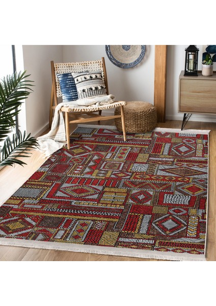 Kırmızı - Kahverengi Zeminde Patchwork Motifli Otantik Desenli Etnik Motifler Eskitme Motifli Dijital Baskılı Makinede Yıkanabilir Kaymaz Taban Saçaklı Halı modelleri