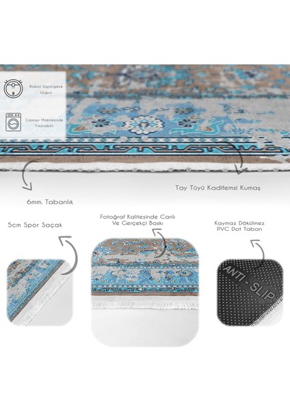 Gri - Mavi Zeminde Geleneksel Motifli Dokuma Desenli Avangarde Vintage Dijital Baskılı Makinede Yıkanabilir Kaymaz Taban Saçaklı Halı fırsatları