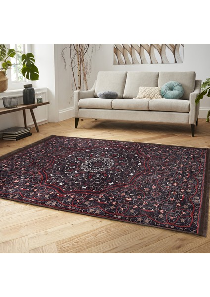 Kırmızı Zeminde Hereke Motifli Kilim Desenli Etnik Motifler Avangarde Dijital Baskılı Makinede Yıkanabilir Kaymaz Taban Saçaklı Halı