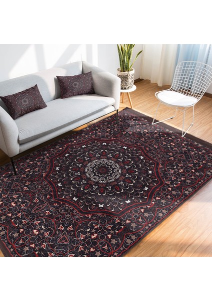 Kırmızı Zeminde Hereke Motifli Kilim Desenli Etnik Motifler Avangarde Dijital Baskılı Makinede Yıkanabilir Kaymaz Taban Saçaklı Halı fiyatları